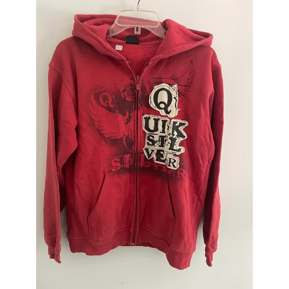 Vintage Y2k Quiksilver Mens Red Zip Up Hoodie Sweatshirt Distressed Logo Size 14